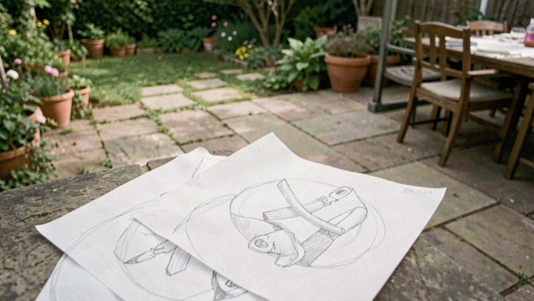 Loose circular pencil diagrams on tracing paper beside a patio, garden path, and outdoor dining area without readable writing