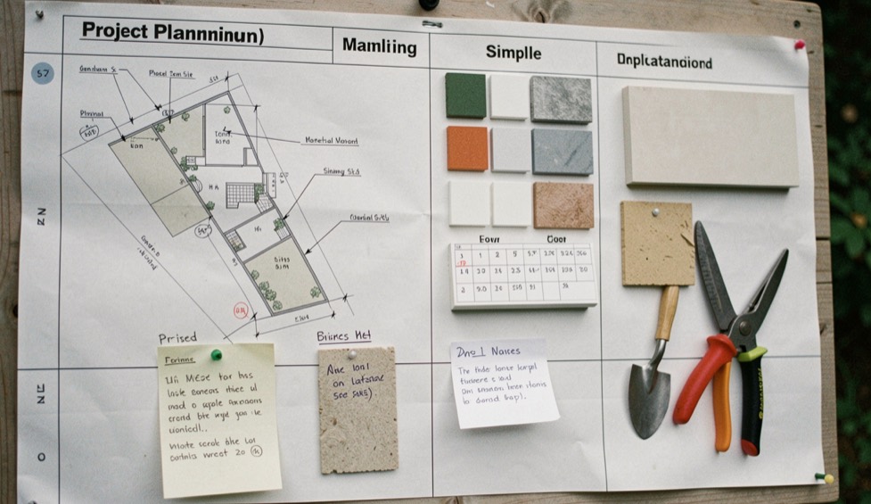 A project planning table with a phased site sketch, simple material samples, calendar notes, and garden tools without readable text
