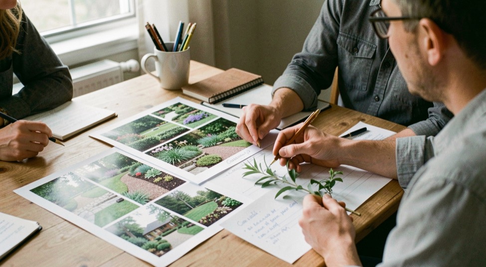 A homeowner gathering a property survey, garden photos, notes, and a plant sample for a first landscape design meeting
