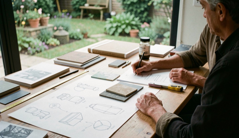 A table with concept sketches, material samples, a measuring tape, and a garden view suggesting a collaborative design process