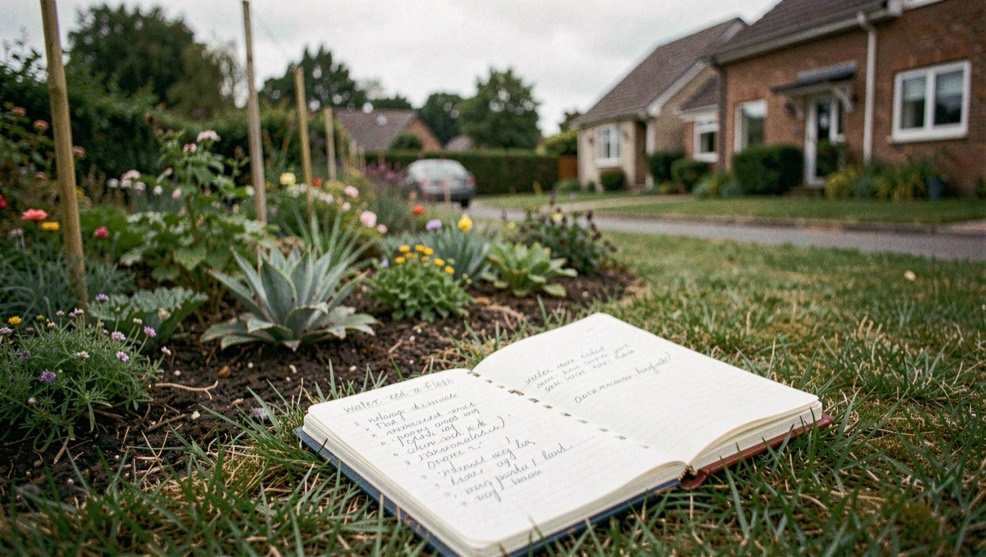 Water pooling near a garden edge after rain, visible erosion on a gentle slope, a notebook, and a home in the background