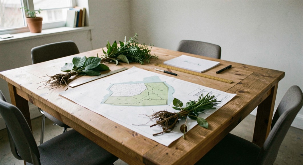 A welcoming studio table prepared for a landscape consultation with a site plan, plant cuttings, ruler, and empty chairs
