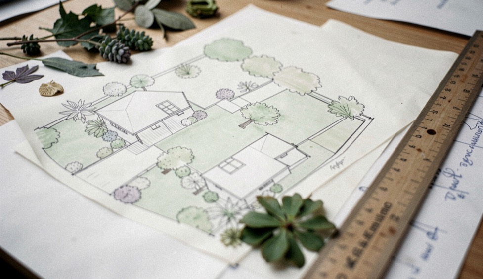 Layered tracing paper over a hand-drawn residential yard plan with a scale ruler, plant swatches, and no readable labels