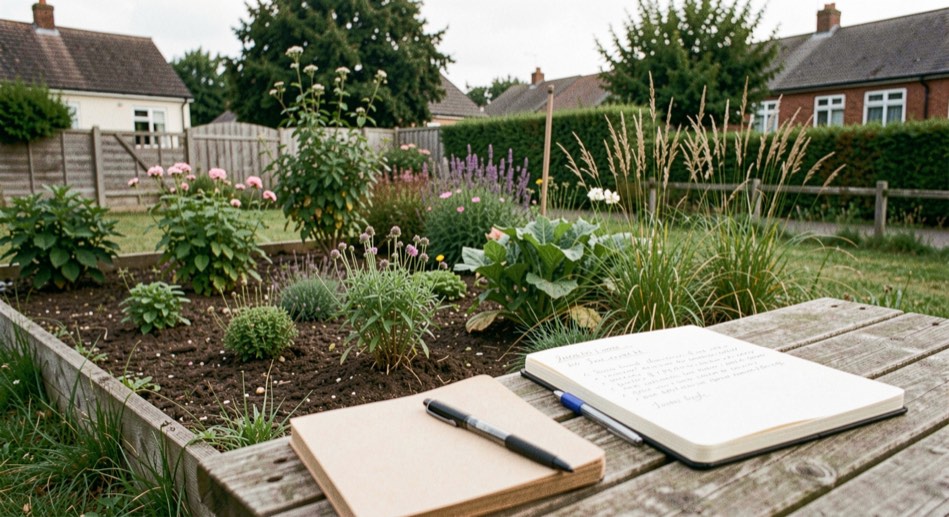 A June residential garden in morning light with a notebook, hose, sunlit border, shaded seating area, and mature foliage