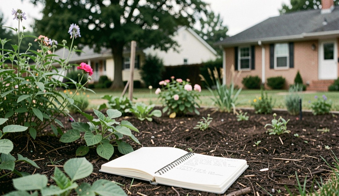 A Midwest residential garden with mature shade trees, layered shrubs, lawn edge, and a field notebook on a stone wall