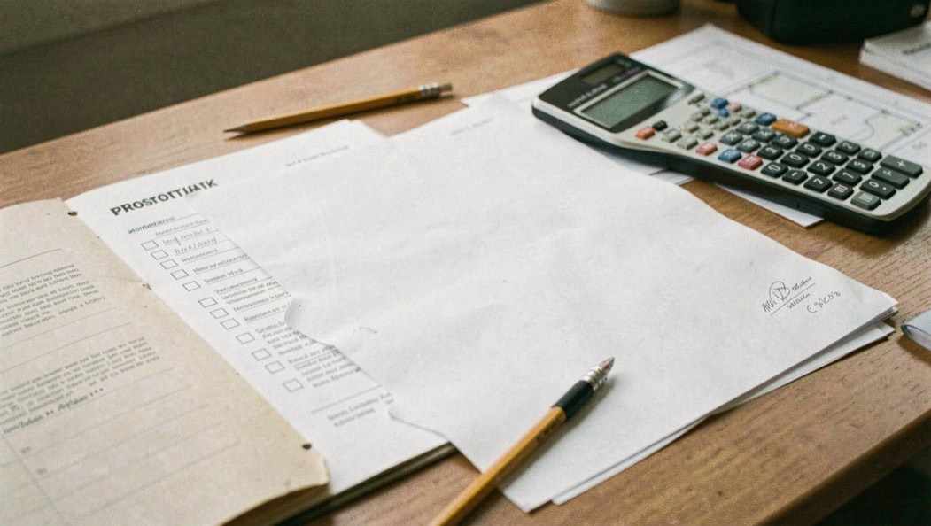 A kitchen table in flat morning light, a paper budget sheet with two columns headed first year and ten years, a pencil resting across the page and a closed folder beside it, shot from slightly above at arm's length.