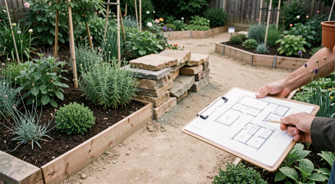 A residential garden in thoughtful stages with finished planting, an unfinished path base, stacked stone, and a master plan on a clipboard