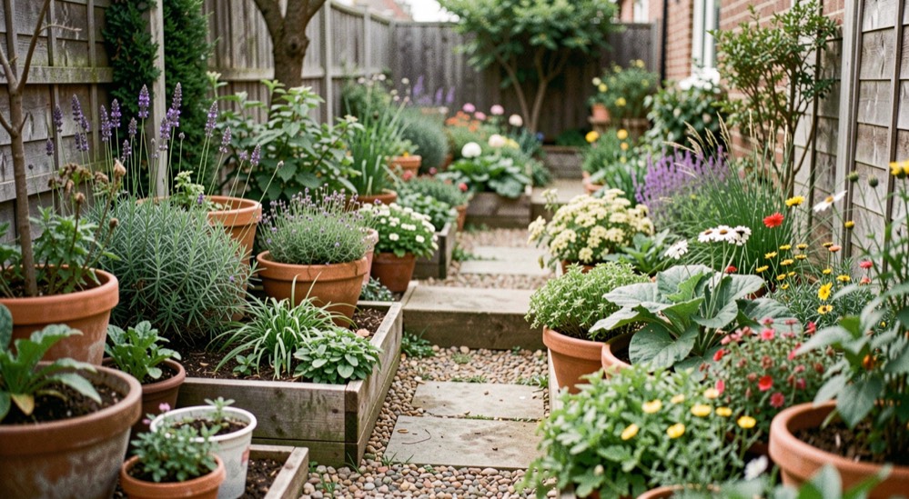 A diverse planting border with labeled-looking but unreadable garden tags, dappled light, and mature shrubs around a path