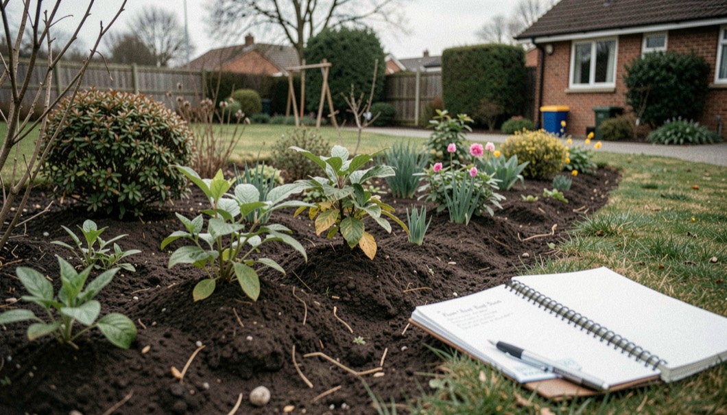 A thoughtfully layered garden showing shade plants beneath a tree, sun plants in an open bed, mulch, and a curving path