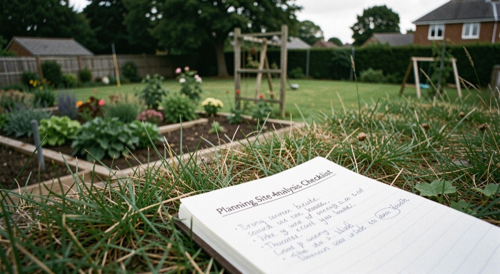 A homeowner making careful notes beside a backyard slope, mature tree, hose, stepping stones, and mixed sun and shade