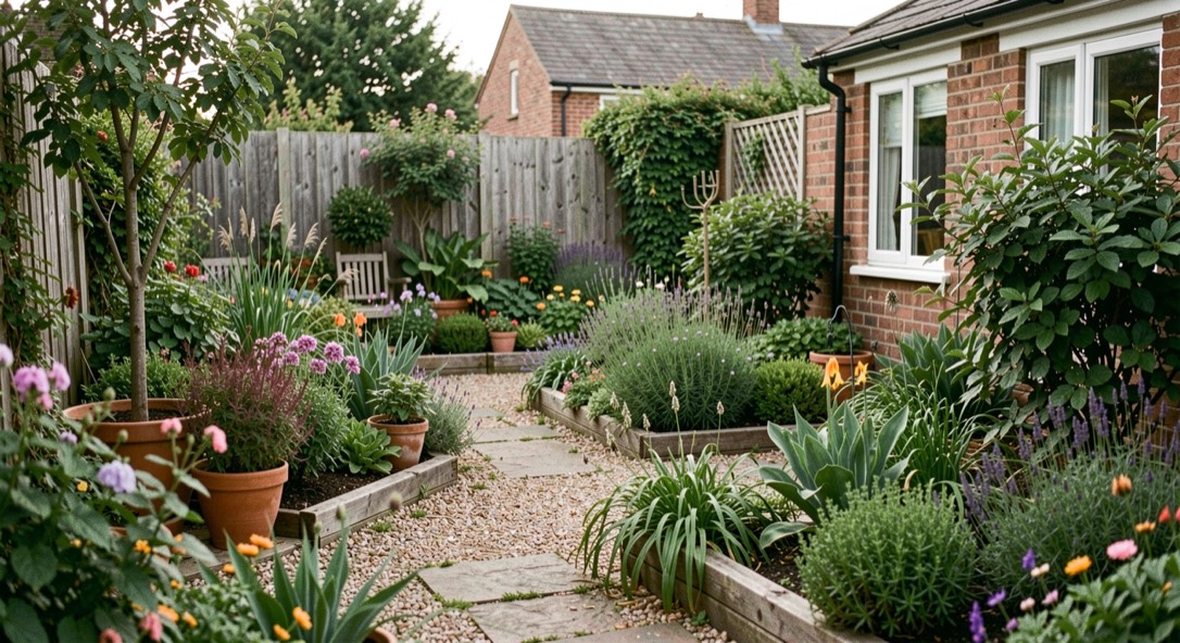 A residential backyard viewed from above with simple survey flags, a sun path notebook, existing trees, and garden paths