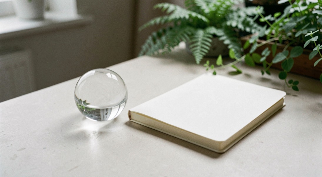 A clear glass paperweight, plain notebook, and neutral studio table with garden greenery