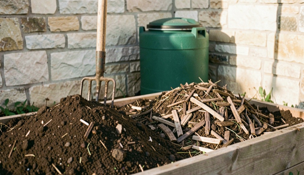 A garden fork turning dark clay loam beside a heap of compost and shredded mulch in a backyard bed, a green rain barrel standing against a pale limestone wall behind, late afternoon side light, photographed from knee height