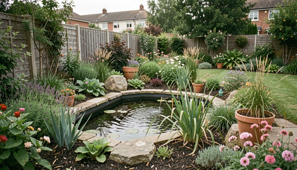 A rain garden beside a home with layered plants, a dry stone edge, damp soil, and a calm rain shower